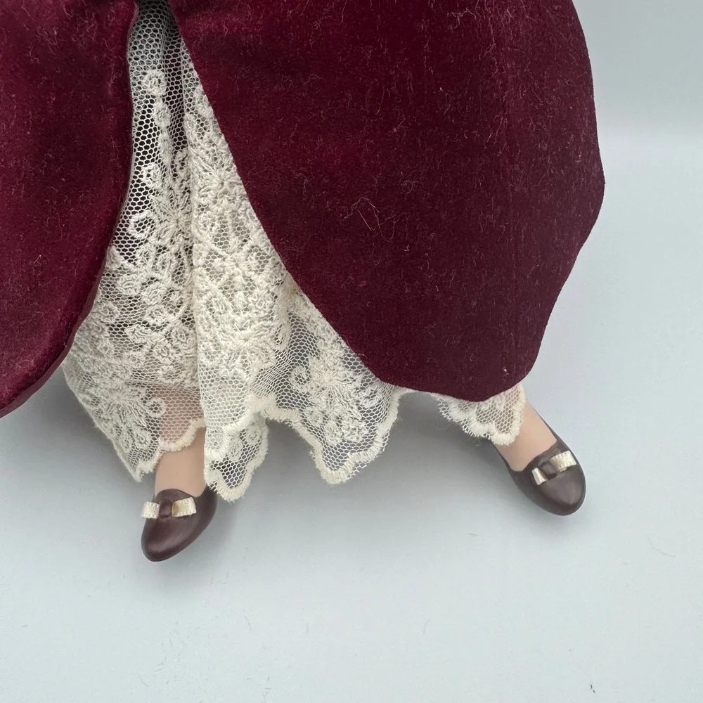 Vintage‎ Porcelain Doll Victorian Burgundy Velvet Dress Floral Hairpiece W Chair